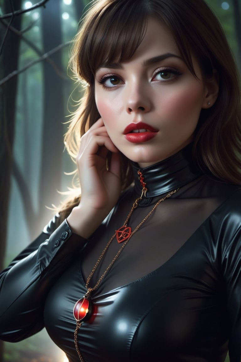 A beautiful girl, dressed in latex style, long dress, long-sleeved blouse, buttoned up to the neck, a necklace around her neck with a delicate pendant with a pentagraph symbol on it. Made of precious stone, it emanates a light glow, a red glow.
It runs through an old dark forest. He holds a lantern in his hand to light his way. It's dark, the full moon creates interesting chiaroscuro penetrating through the tree branches.
The forest is slightly foggy, it's raining. Vapor in the exhaled air is sometimes visible, delicate.
Scared, worried.
Photo quality. Accurate details, high realism.
Perfect girl proportions. Precise face, gagged. The whole figure is visible ,solo,DonMB4nsh33XL ,style,concept