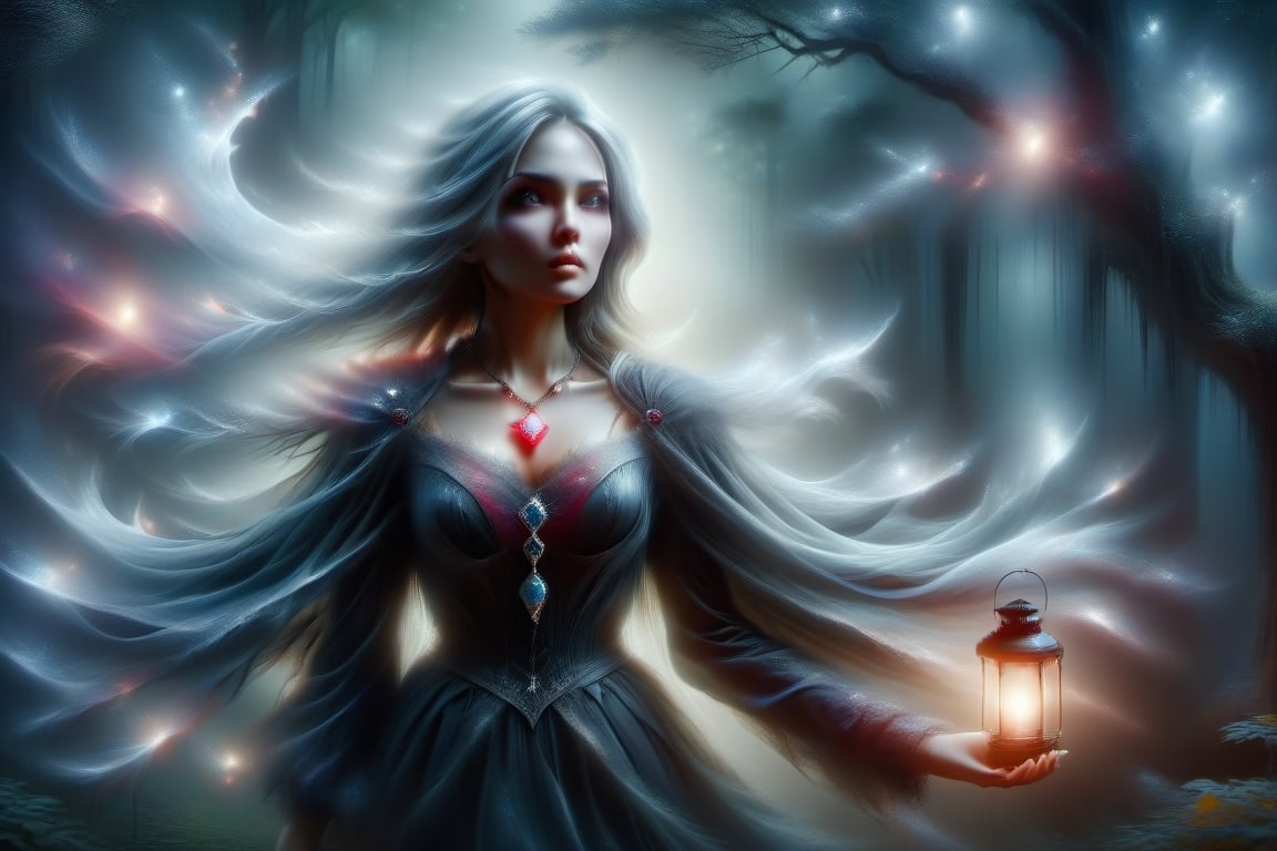 A beautiful girl, dressed in Gothic style, long dress, long-sleeved blouse, buttoned up to the neck, a necklace around her neck with a delicate pendant with a pentagraph symbol on it. Made of precious stone, it emanates a light glow, a red glow.
It runs through an old dark forest. He holds a lantern in his hand to light his way. It's dark, the full moon creates interesting chiaroscuro penetrating through the tree branches.
The forest is slightly foggy, it's raining. Vapor in the exhaled air is sometimes visible, delicate.
Scared, worried.
Photo quality. Accurate details, high realism.
Perfect girl proportions.,solo,DonMB4nsh33XL ,style