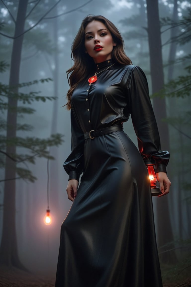 A beautiful girl, dressed in latex style, long dress, long-sleeved blouse, buttoned up to the neck, a necklace around her neck with a delicate pendant with a pentagraph symbol on it. Made of precious stone, it emanates a light glow, a red glow.
It runs through an old dark forest. He holds a lantern in his hand to light his way. It's dark, the full moon creates interesting chiaroscuro penetrating through the tree branches.
The forest is slightly foggy, it's raining. Vapor in the exhaled air is sometimes visible, delicate.
Scared, worried.
Photo quality. Accurate details, high realism.
Perfect girl proportions. Precise face, gagged. The whole figure is visible ,solo,DonMB4nsh33XL ,style,concept
