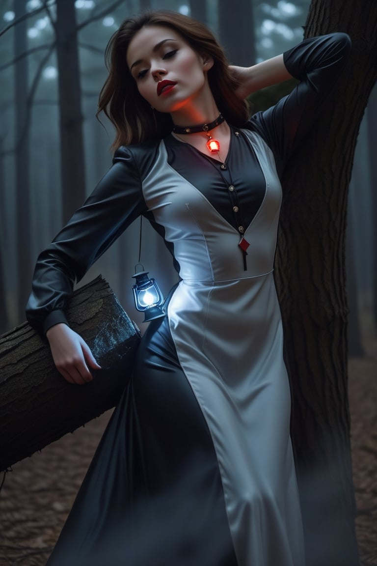 A beautiful girl, dressed in latex style, long dress, long-sleeved blouse, buttoned up to the neck, a necklace around her neck with a delicate pendant with a pentagraph symbol on it. Made of precious stone, it emanates a light glow, a red glow.
It runs through an old dark forest. He holds a lantern in his hand to light his way. It's dark, the full moon creates interesting chiaroscuro penetrating through the tree branches.
The forest is slightly foggy, it's raining. Vapor in the exhaled air is sometimes visible, delicate.
Scared, worried.
Photo quality. Accurate details, high realism.
Perfect girl proportions. Precise face, gagged. The whole figure is visible ,solo,DonMB4nsh33XL ,style,concept