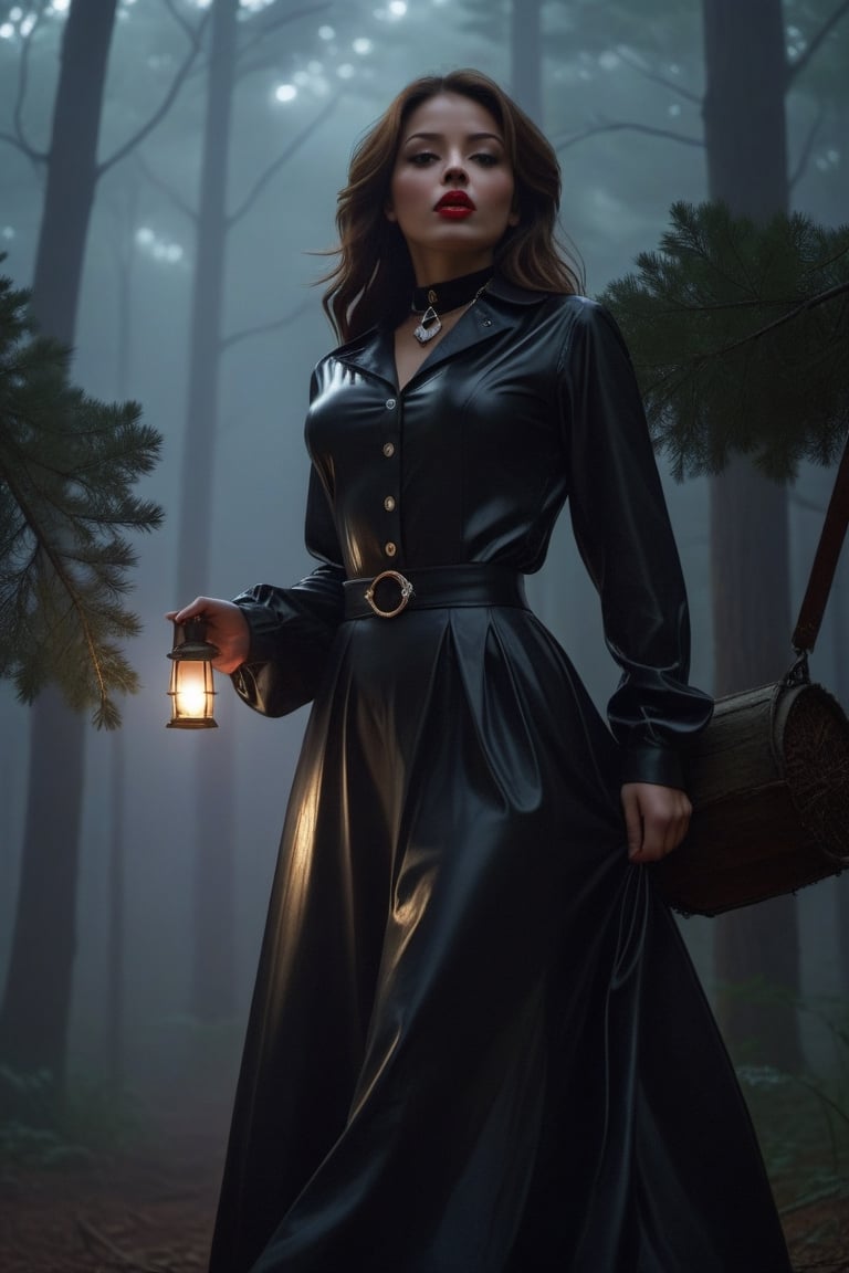 A beautiful girl, dressed in latex style, long dress, long-sleeved blouse, buttoned up to the neck, a necklace around her neck with a delicate pendant with a pentagraph symbol on it. Made of precious stone, it emanates a light glow, a red glow.
It runs through an old dark forest. He holds a lantern in his hand to light his way. It's dark, the full moon creates interesting chiaroscuro penetrating through the tree branches.
The forest is slightly foggy, it's raining. Vapor in the exhaled air is sometimes visible, delicate.
Scared, worried.
Photo quality. Accurate details, high realism.
Perfect girl proportions. Precise face, gagged. The whole figure is visible ,solo,DonMB4nsh33XL ,style,concept