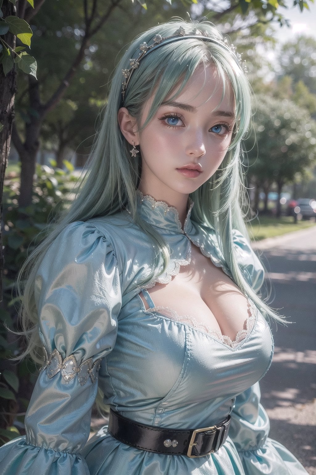 (8k, RAW photo, photorealistic:1.25), (huge breasts), (highly detailed Caucasian skin:1.2), (1girl, solo, long hair, looking at viewer, blue eyes, long sleeves, dress, upper body, hairband, green hair, puffy sleeves, belt, juliet sleeves, retro artstyle), A close up of the person, well sunlit, outdoor, ulzzang, ((looking at viewer)), Serene and goddess-like