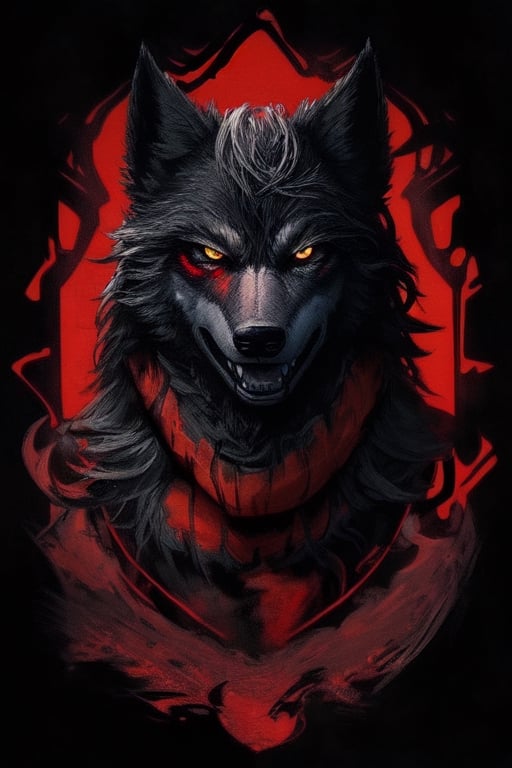 hungry dark wolf, aggressive and feel for hunting for tshirt and streetwear design. dark and horror themes. animation semi real.