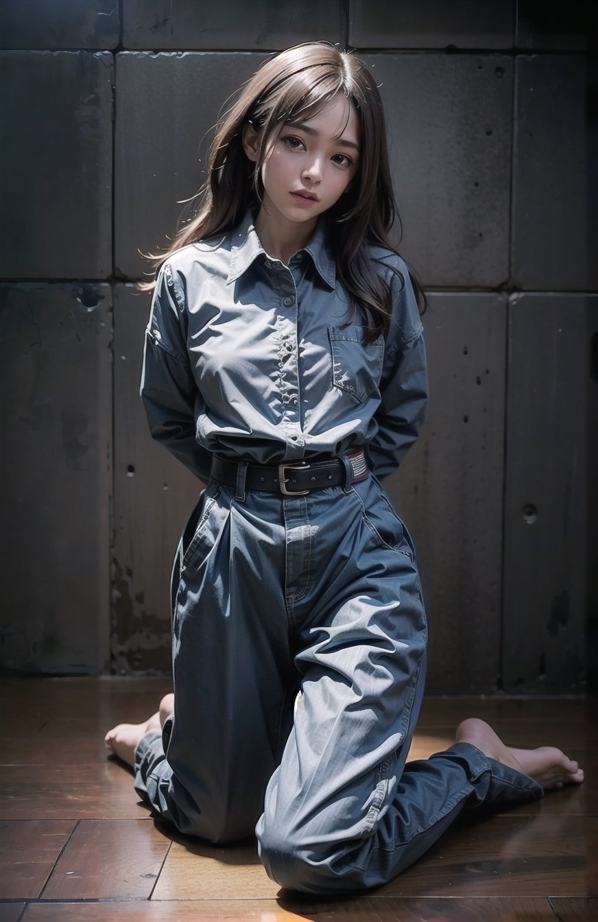 ((((Full body shot, front viewed)))). Raw, extreme detailed, ((1girl)),((young Asian face)),(masterpiece), 8k, (top quality), ((((men's button_up_collared long sleeve shirt:1.5)))), (((long trousers:1.3))), (beautiful and aesthetic:1.2), (stylish pose), (((((kneeling the floor))))), (((front_viewer))), (((((arms behind back:1.5))))), (((extra long hair with bangs with blurry))), ((((dark_prison_cell:1.3)))). (Ultra-realistic, best photograph, best quality:1.3),
perfect.,Bomi,Enhance