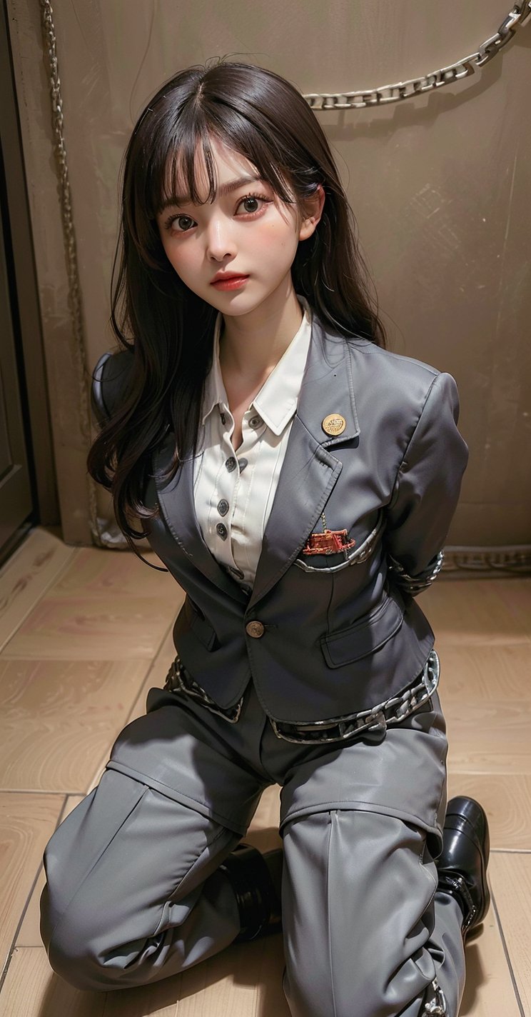 ((((Top_button_collared_button_blazer_jacket_suit:1.5)))),((short_pants:1.4)),(((kneeling_the_floor:1.5))),((((establising_shot:1.5)))),(((arms_tied_behind_back:1.7))),(((two_arms_tied_with_thick_chains:1.5))),(((long_hair_with_complete_bangs:1.6))),(((beautiful and aesthetic:1.4))),(((((expressionless))))),((((spread_legs:1.6)))),((((plastic_surgery_round_eyes, round_cheeks, high-bridged_nose:1.5)))),(((((North_Korea_communist_prison_cell:1.5))))),
perfect.,Bomi,Enhance,Model ,Asian ,eungirl,((((1girl)))).,((Perfect lips)).,1 girl,(lora:Ultra_Detailer:1.5).