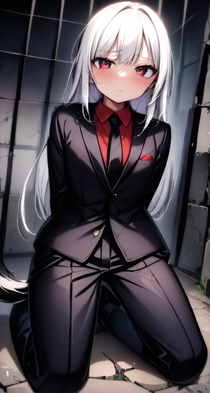 (((Extreme far body shot))), (((high level camera shot))), ((((establishing far shot)))), a (((kneeling))) 27-years-old teenage Japanese girl, ((((black gentleman's suit and red button_up collared long sleeve shirt with black necktie)))), (((black long pants))), ((((black tail:1.4)))), ((((arms behind back)))), ((((spread legs)))), (((painful face))), (((abandoned stone prison cell background))), (((gorgeous red eyes))), (((white hair))), ((long hair with fringes with blurry)), helltaker, lucifer. 