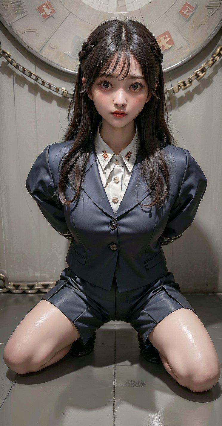 ((((Top_button_collared_button_blazer_suit:1.5)))),((short_pants:1.4)),(((kneeling_the_floor:1.5))),((((establising_shot:1.5)))),(((arms_tied_behind_back:1.7))),(((two_arms_tied_with_thick_chains:1.5))),(((long_hair_with_complete_bangs:1.6))),(((beautiful and aesthetic:1.4))),(((((expressionless))))),((((spread_legs:1.6)))),((((plastic_surgery_round_eyes, round_cheeks, high-bridged_nose:1.5)))),(((((North_Korea_communist_prison_cell:1.5))))),
perfect.,Bomi,Enhance,Model ,Asian ,eungirl,((((1girl)))).,((Perfect lips)).,1 girl,(lora:Ultra_Detailer:1.5).