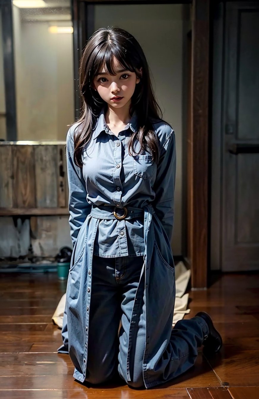 ((((Full body shot, front viewed)))). Raw, extreme detailed, ((1girl)),((young Asian face)),(masterpiece), 8k, (top quality), ((((men's button_up_collared long sleeve shirt with pockets:1.5)))), (((long trousers:1.3))), (beautiful and aesthetic:1.2), (stylish pose), (((((kneeling the floor))))), (((((arms behind back:1.5))))), (((extra long hair with bangs with blurry))), ((((dark_prison_cell:1.3)))). (Ultra-realistic, best photograph, best quality:1.3),
perfect.,Bomi,Enhance