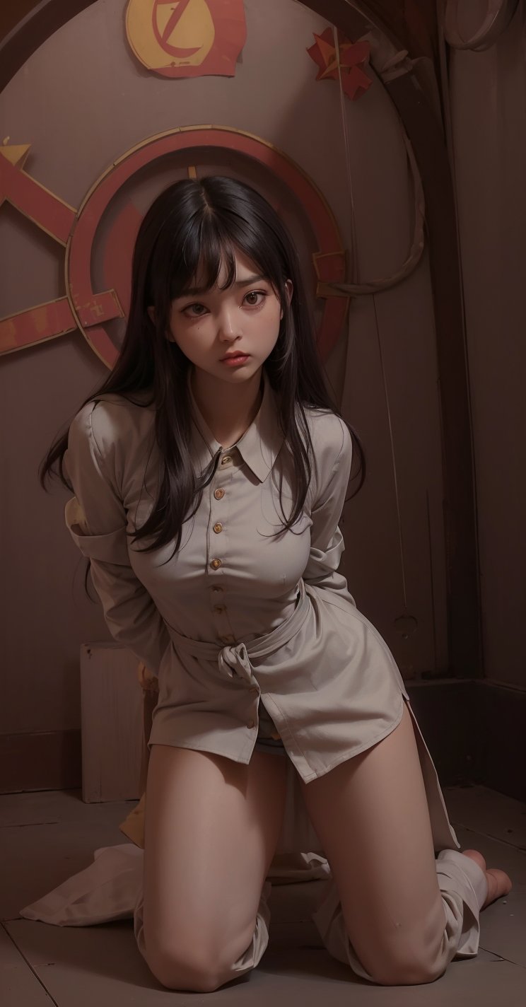 ((((Top_button_collared_long_sleeve_shirt:1.5)))),(((long_dress:1.4))),(((((arms_tied_behind_back,arms_bent:1.7))))),(((kneeling:1.6))),(((((long_hair_with_complete_bangs:1.6))))),(((((side_camera_shot:1.6))))),(((beautiful and aesthetic:1.4))),(expressionless),((((plastic_surgery_round_cheeks, high-bridged_nose:1.5)))),(communist_prison_cell:1.7),
perfect.,Bomi,Enhance,Model ,Asian ,eungirl,((((1girl)))).,((Perfect lips)).,perfect light.,insane details ,high details,perfect light