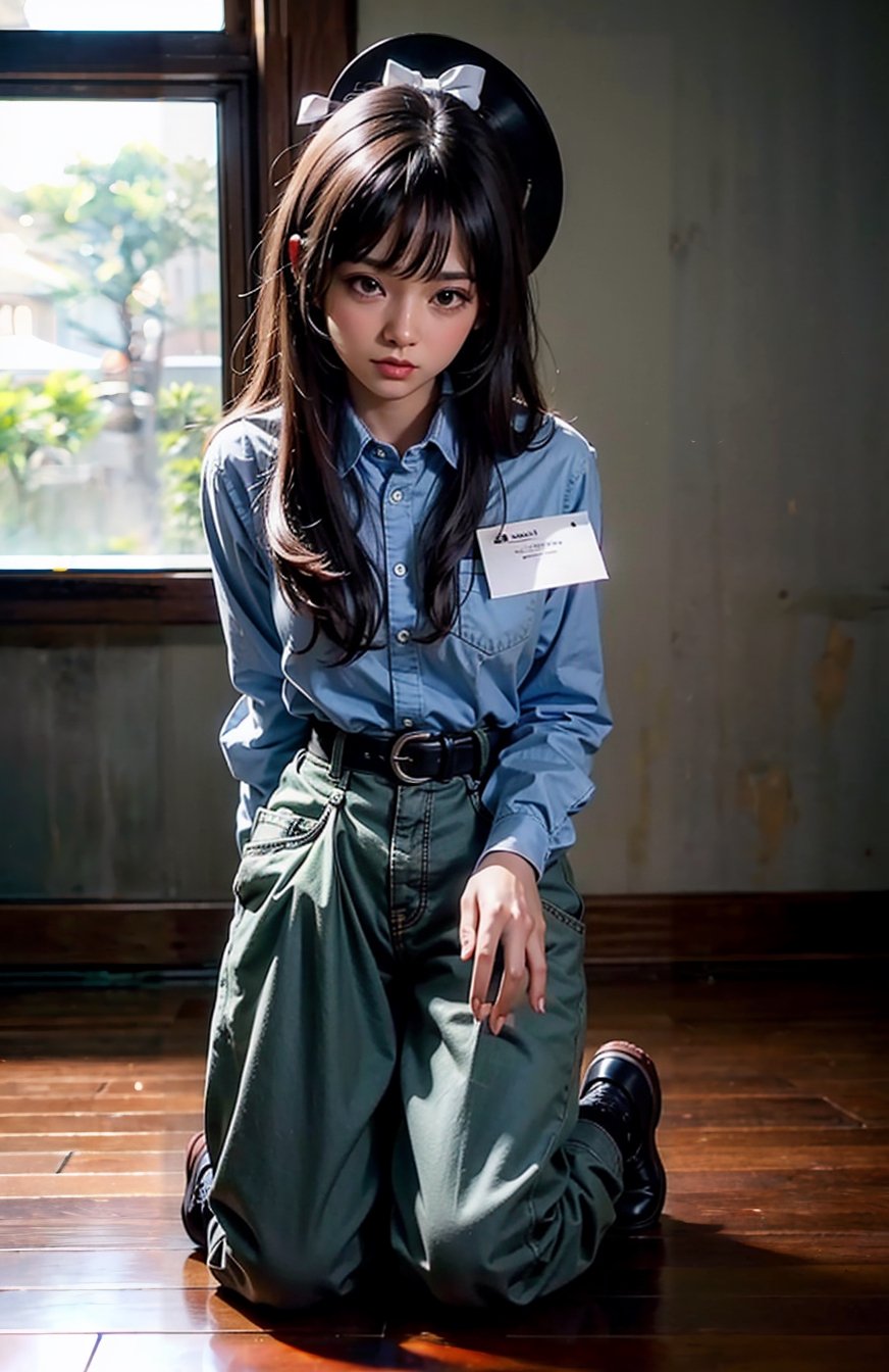 ((((Full body shot, front viewed)))). Raw, extreme detailed, ((1girl)),((young Asian face)),(masterpiece), 8k, (top quality), ((((cotton button_up_collared long sleeve shirt with pockets:1.5)))), (((mini pants:1.3))), (beautiful and aesthetic:1.2), (stylish pose), (((((kneeling the floor, bent knees:1.3))))), (((((arms behind back:1.5))))), (((extra long hair with bangs with blurry))), ((((dark_prison_cell:1.3)))). (Ultra-realistic, best photograph, best quality:1.3),
perfect.,Bomi,Enhance
