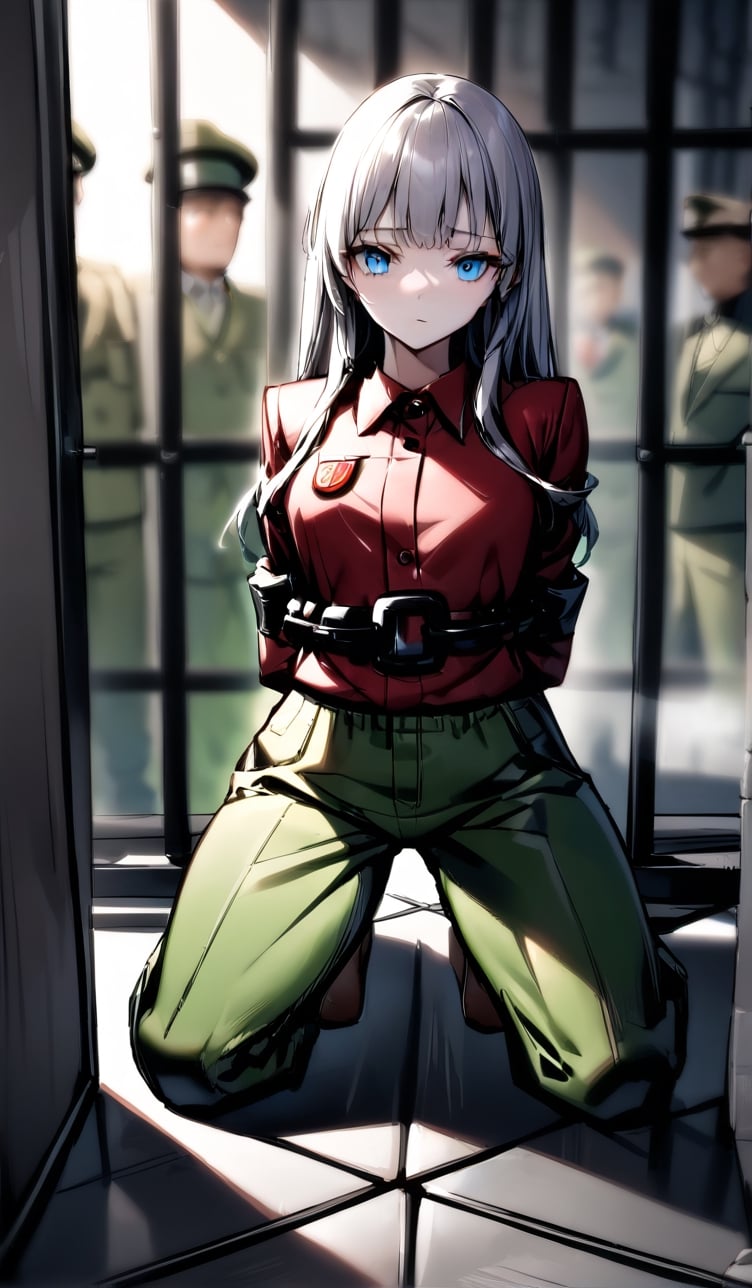 ((View from prison steel bars)), (((extreme far body to legs shot))), (((establishing shot))), a (((kneeling on the floor))) teenage Japanese girl, (((soldier badge))), (((olive green gentleman's suit with red collared long sleeve shirt))), (((olive green long pants))), ((((arms behind back)))), ((((arms cuffed tightly with thick cuffs and thick chains)))), (((expressionless))), ((spread legs)), (((North Korea communist stone dark prison cell))), (((gorgeous light blue eyes))), (((grey hair))), (long hair with fringes with blurry).