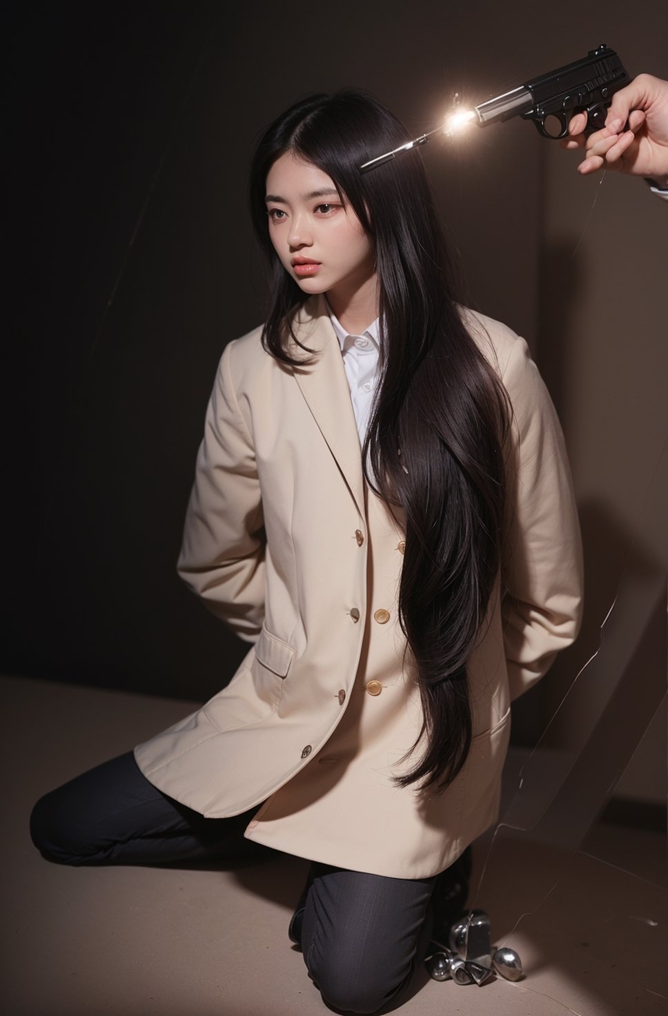 (((((Button_top_collared_blazer_suit:1.5))))),(((((kneeling:1.5))))), (((extra_long_hair_with_complete_fringes_with_blurry:1.4))),(((((medium_body_shot:1.4))))),(beautiful and aesthetic:1.4),((((round cheeks, high-bridged nose, plastic surgery round eyes:1.5)))),(((((dark_tiny_prison_cell:1.4))))),((((another_man_holding_pistol,firing,bullet:1.5)))),
perfect.,Bomi,Enhance,Model ,Asian ,eungirl,((((1girl)))).,((Perfect lips)).,perfect light