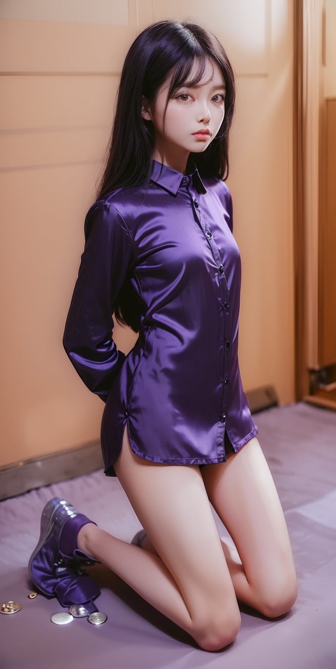 ((((((Button_collared_top silk long sleeve purple shirt:1.5)))))),(((kneeling the floor))),(((((far full body shot:1.5))))),((((mini short pants:1.4)))),(((extra long hair with complete fringes with blurry:1.4))),(((((arms behind back:1.4))))),(((((expressionless))))),(beautiful and aesthetic:1.4),((((round cheeks, high-bridged nose, plastic surgery round eyes:1.5)))),(((((Kpop stylish pose:1.5))))),(((((tiny box prison cell:1.5))))),
perfect.,Bomi,Enhance,Model ,Asian ,Girl,(((eungirl))). ,eungirl,1girl. 