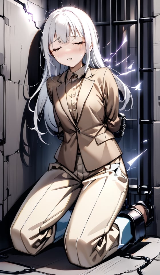 (((Far full body shot))), (((establishing shot))), a (((kneeling against electricity wall))) teenage Japanese girl, (((brown gentleman's suit with brown button up collared long sleeve shirt:1.4))), (((beige long pants:1.2))), ((((arms behind back)))), (((arms cuffed tightly with thick cuffs and thick chains))), (((painful face with closing eyes:1.4))), ((spread legs)), (((dark prison cell))). (((White hair))), (long hair with fringes with blurry), ((((electrocuted:1.4)))). 
