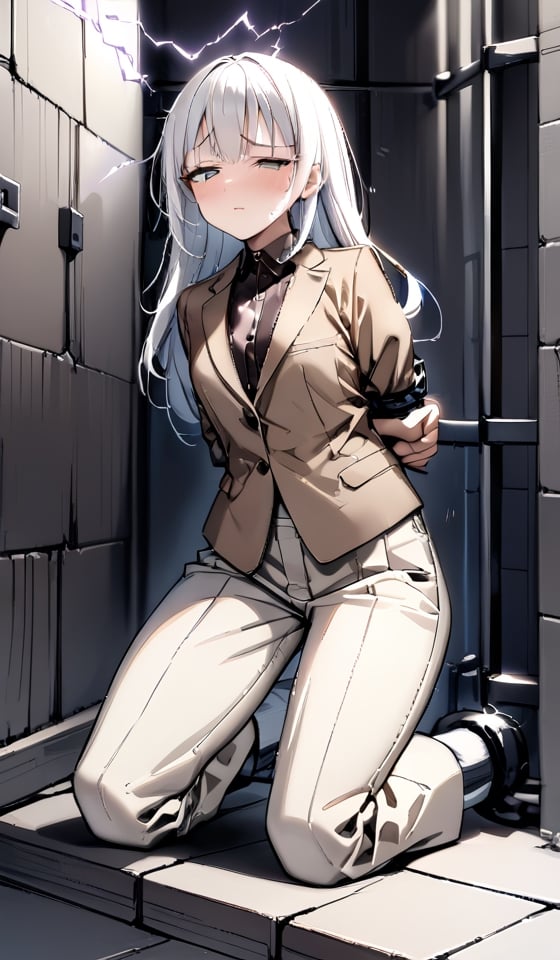 (((Far full body shot))), (((establishing shot))), a (((kneeling against electricity wall))) teenage Japanese girl, (((brown gentleman's suit with brown button up collared long sleeve shirt:1.4))), (((beige long pants:1.2))), ((((arms behind back)))), (((arms cuffed tightly with thick cuffs and thick chains))), (((painful face with closing eyes:1.3))), ((spread legs)), (((dark prison cell))), (((gorgeous eyes))). (((White hair))), (long hair with fringes with blurry), ((((electrocuted:1.4)))). 