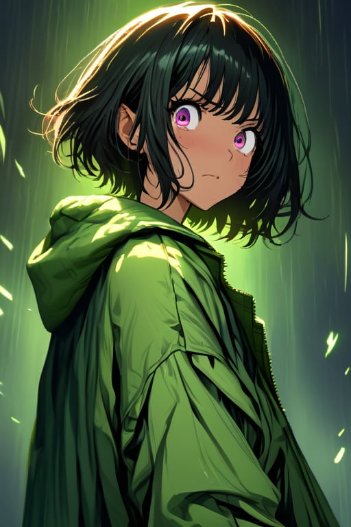 (masterpiece), (best quality), (ultra-details),1girl,solo,short hair,A woman with a shocked expression, wearing a green jacket, against a dark background, in the style of an anime illustration. looking at viewer. 