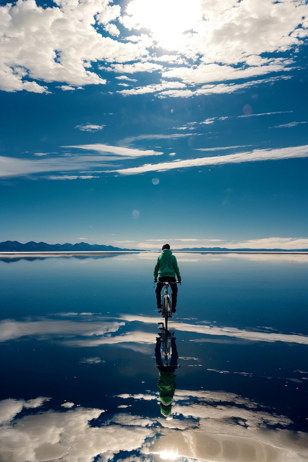 a woman riding a bicycle on a vast ((mirror-like:1.4) salt flat):1.2), her green hoodie contrasting against the mirrored surface, reflecting her image and the blue sky with clouds, horizon stretching infinitely, subtle ripples in the salt flat's surface, shadows elongated and clear, atmosphere serene and surreal, capturing the sense of freedom and tranquility.