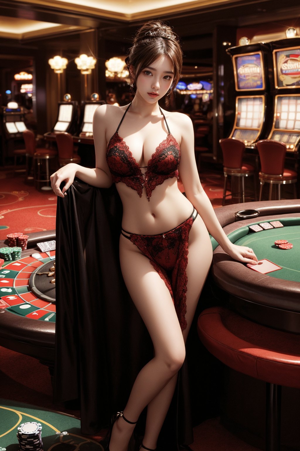 masterpiece, top quality, 1 girl, solo, updo,casino dealer, perfect anatomy, centered, near perfect, highly detailed, artstation, concept art, smooth, sharp focus,Casino Background,full body,sexy pose