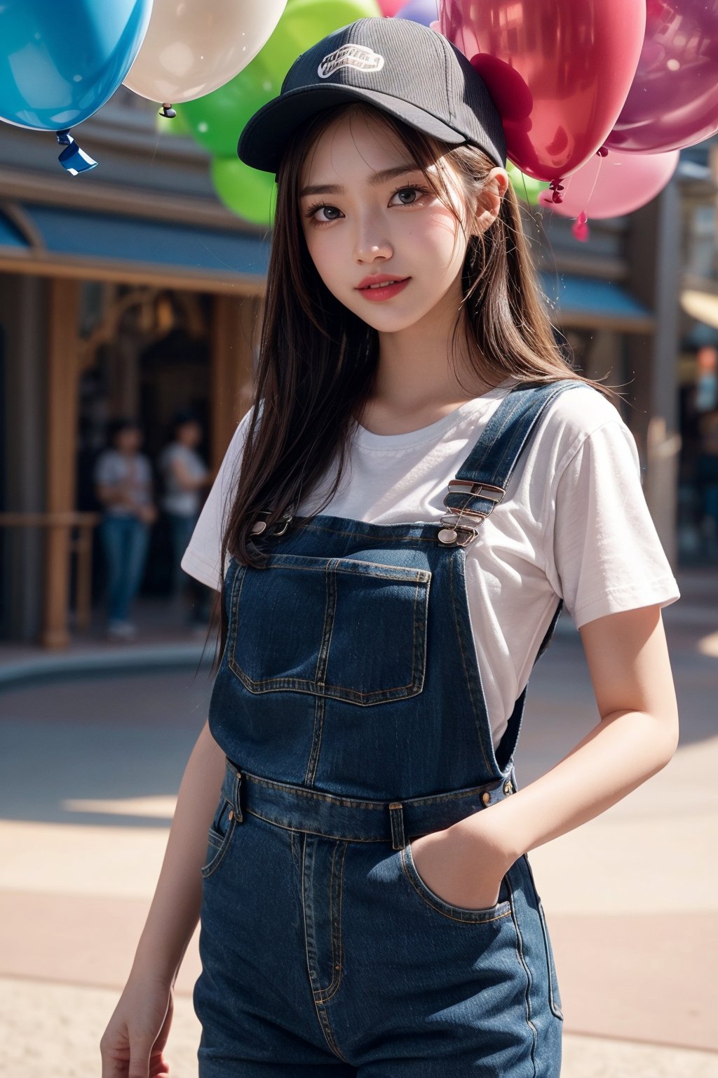 Disneyland,holding balloons on the floor,20 yo,girl,very long hair,wearing denim overalls and basebll cap,smile,Best Quality, 32k, photorealistic, ultra-detailed, finely detailed, high resolution, perfect dynamic composition, beautiful detailed eyes, sharp-focus, cowboy_shot,(full body:1.1)