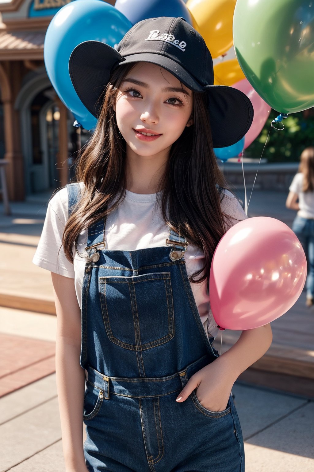 Disneyland,holding balloons on the floor,20 yo,girl,very long hair,wearing denim overalls and basebll cap,smile,Best Quality, 32k, photorealistic, ultra-detailed, finely detailed, high resolution, perfect dynamic composition, beautiful detailed eyes, sharp-focus, cowboy_shot,(full body:1.2)