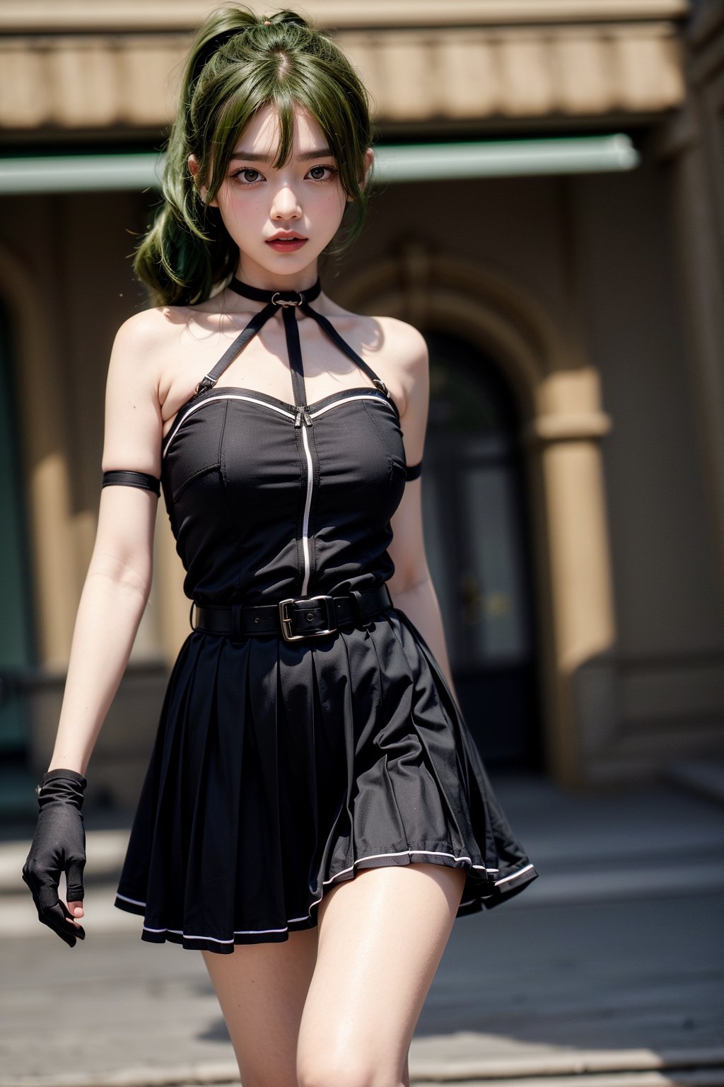 female, ((masterpiece, best quality, ultra detailed, absurdres):1.4),official art, unity 8k wallpaper, ultra detailed, beautiful and aesthetic, masterpiece, best quality, realistic,ultra quality, ubel, medium hair, hair between eyes, (green hair:1.4), side ponytail, (purple eyes:1.1),skirt, gloves, dress, bare shoulders, pleated skirt, sleeveless, black gloves, elbow gloves, belt, miniskirt, black skirt, black footwear, (black dress:1.4), thigh strap, sleeveless dress, halterneck, armband, single glove, black belt, pleated dress, arm strap,upper body,arms up,sexy model pose