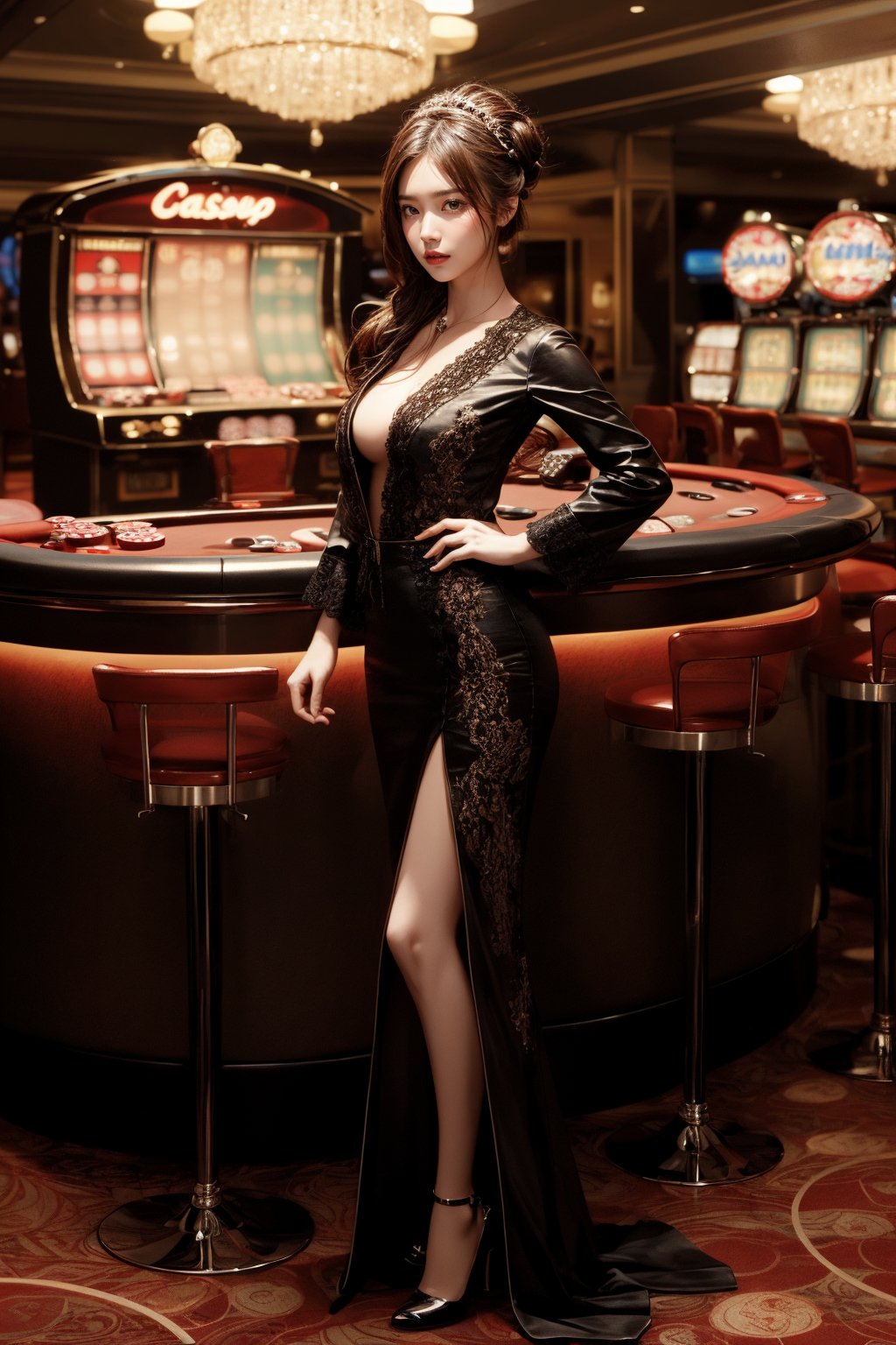 masterpiece, top quality, 1 girl, solo, updo,casino dealer, perfect anatomy, centered, near perfect, highly detailed, artstation, concept art, smooth, sharp focus,Casino Background,full body