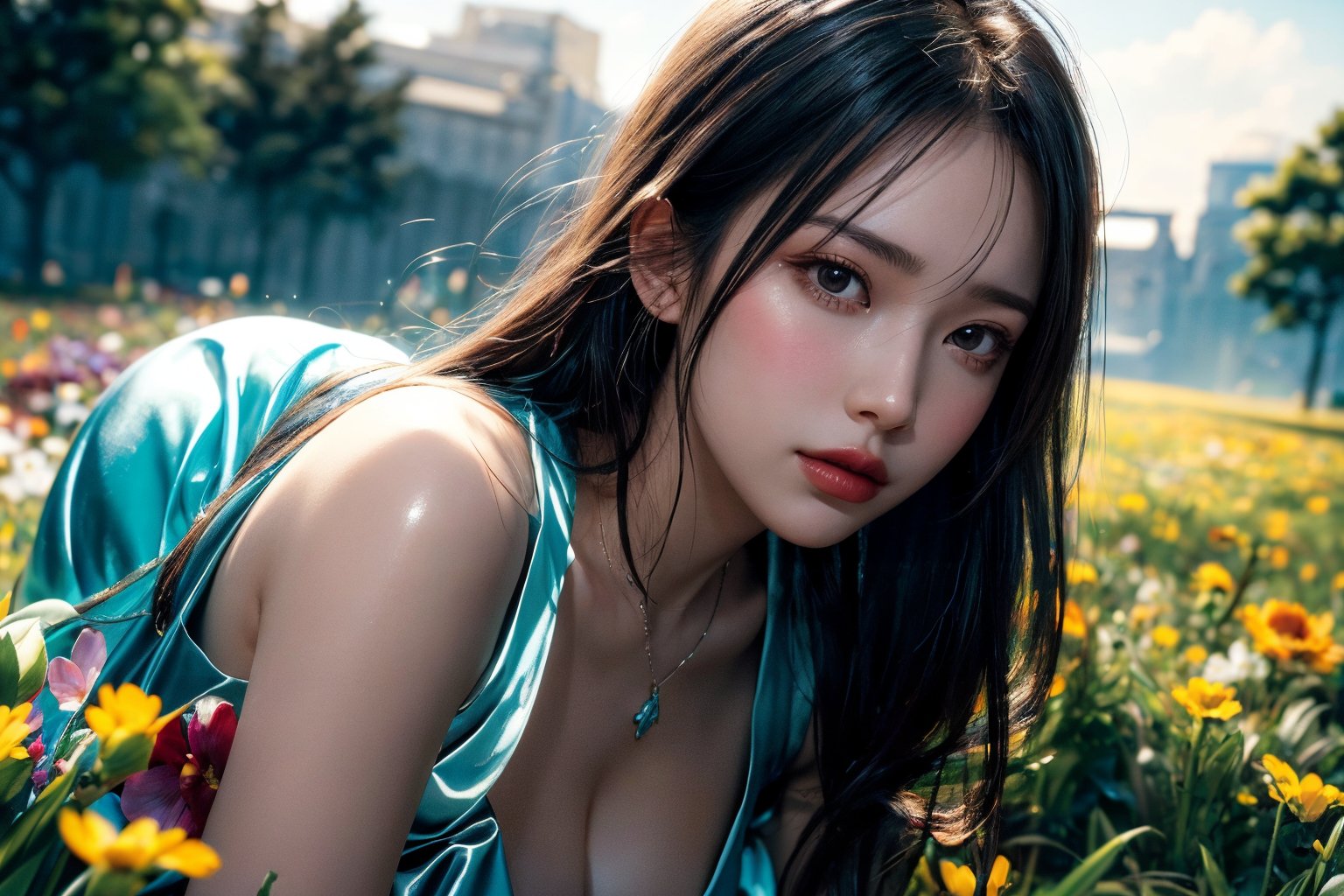 (masterpiece, best quality, photorealistic, raw photo,1 girl, sexy girl, beautiful girl, young girl, solo, Realism,natural light, ray tracing, Subsurface scattering, high-resolution, realistic style, 8k , official art, aesthetic, high contrast, extreme detailed background, soothing tones, ambient lighting,
realistic face,  beautiful face, perfect face, detailed face, 
detailed hair, detailed finger, detailed hands, 
shiny skin, perfect skin:1.2),
 blush, Blunt bangs, long hair,
(Wearing dress, looking down,flowers, grassland:1.4), cleavage,nipples,down blouse,
breasts,(bent over and from front:1.3),