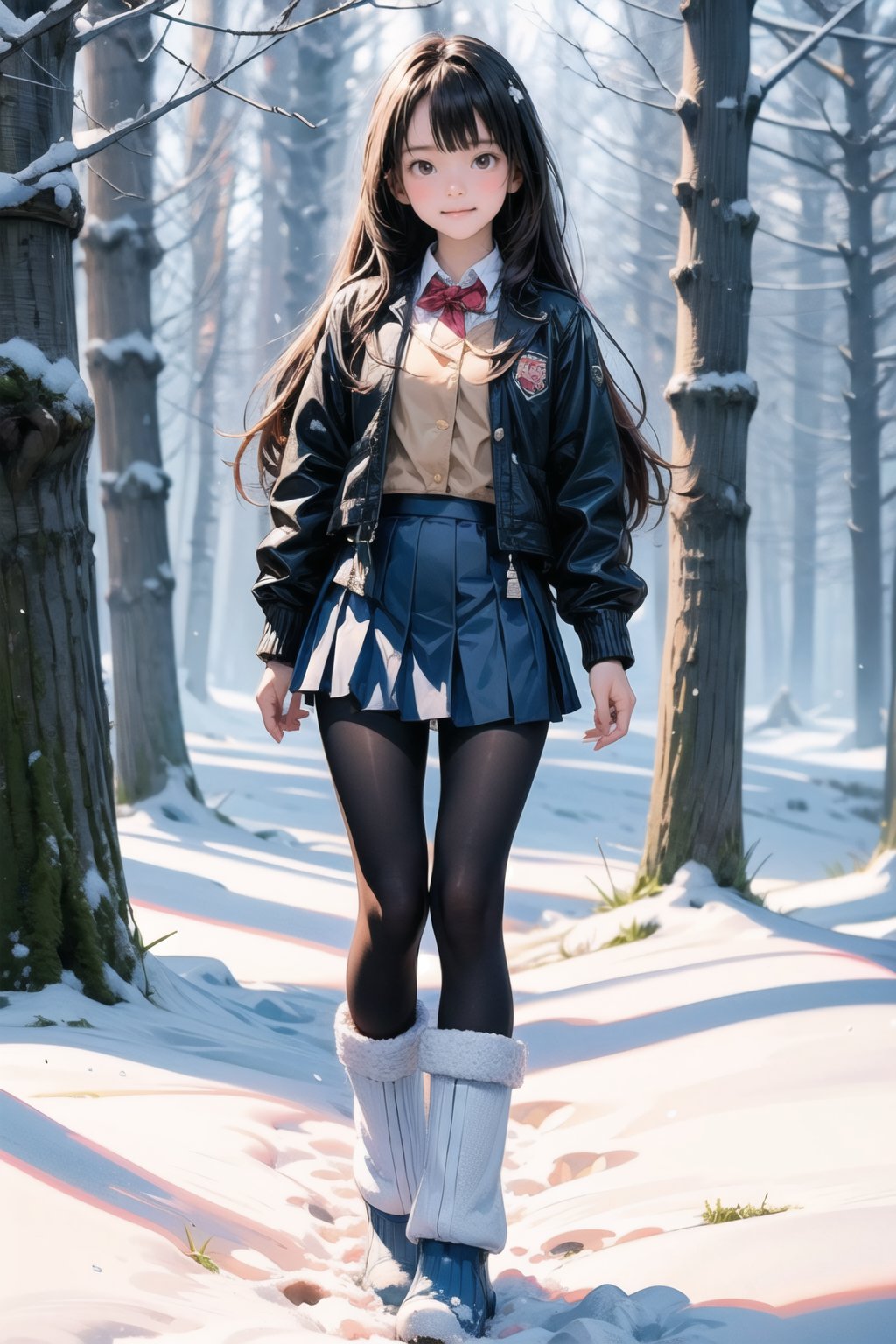 主：(foggy woods),((Full body image)),
人：1litte 1kid 7yo gril (Child:1.2),
體：(Beautiful little girly body proportions),(smaller body frame),
髮：(long hair),
服：(Student uniform), (mini pleated skirt),(black compression tights), (((snow boots))),((UNIFORM JACKET)),