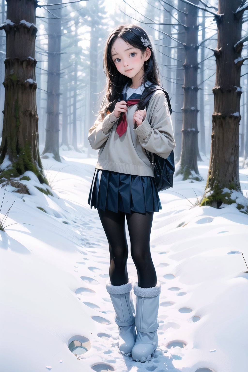 主：(foggy woods),((Full body image)),
人：1litte 1kid 7yo gril (Child:1.2),
髮：(long hair),
服：(Student uniform), (mini pleated skirt),(black compression tights), (((snow boots))),