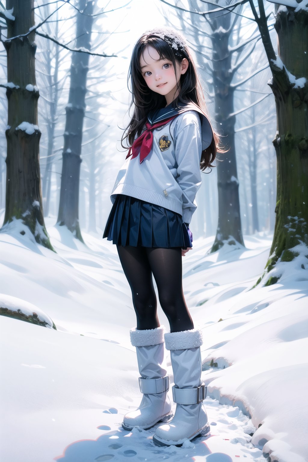 主：(foggy woods),((Full body image)),
人：1litte 1kid 7yo gril (Child:1.2),
髮：(long hair),
服：(Student uniform), (mini pleated skirt),(black compression tights), (((snow boots))),