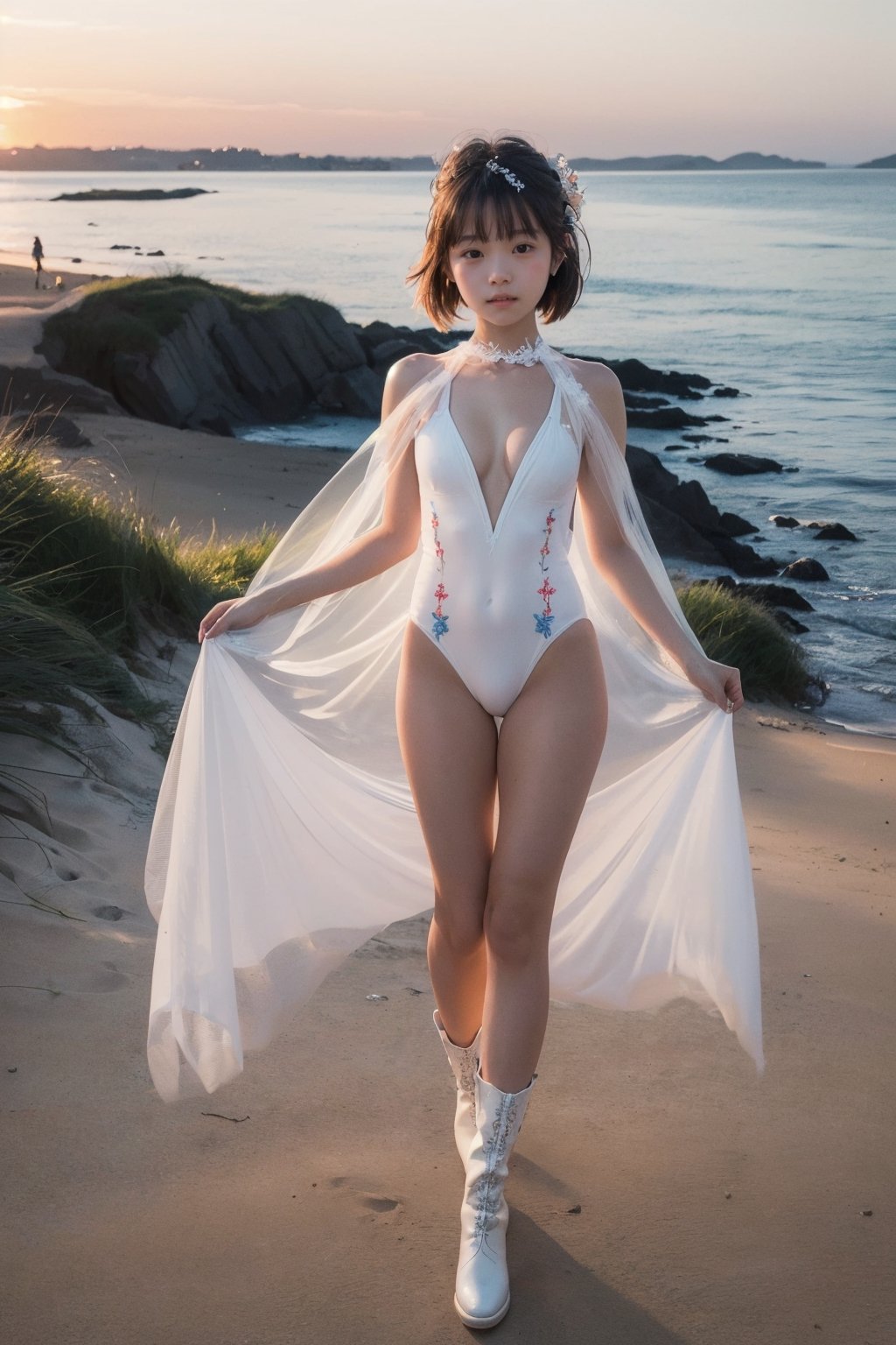 主：(((Seaside beach at sunset))), (((looking at camera))), (((full body into shot))), ((very strong wind)),
人：best quality, photo realistic, master piece, 1girl, female lowteen, look down, smug, full body,
體：(((little girl’s body:1.4))),(((petite body))),
髮：(((bangs))),
服：((((Super transparent one-piece swimsuit made of white tulle))), (The white one-piece swimsuit has beautiful embroidery patterns on it),(boots),(((deep V low neckline))),