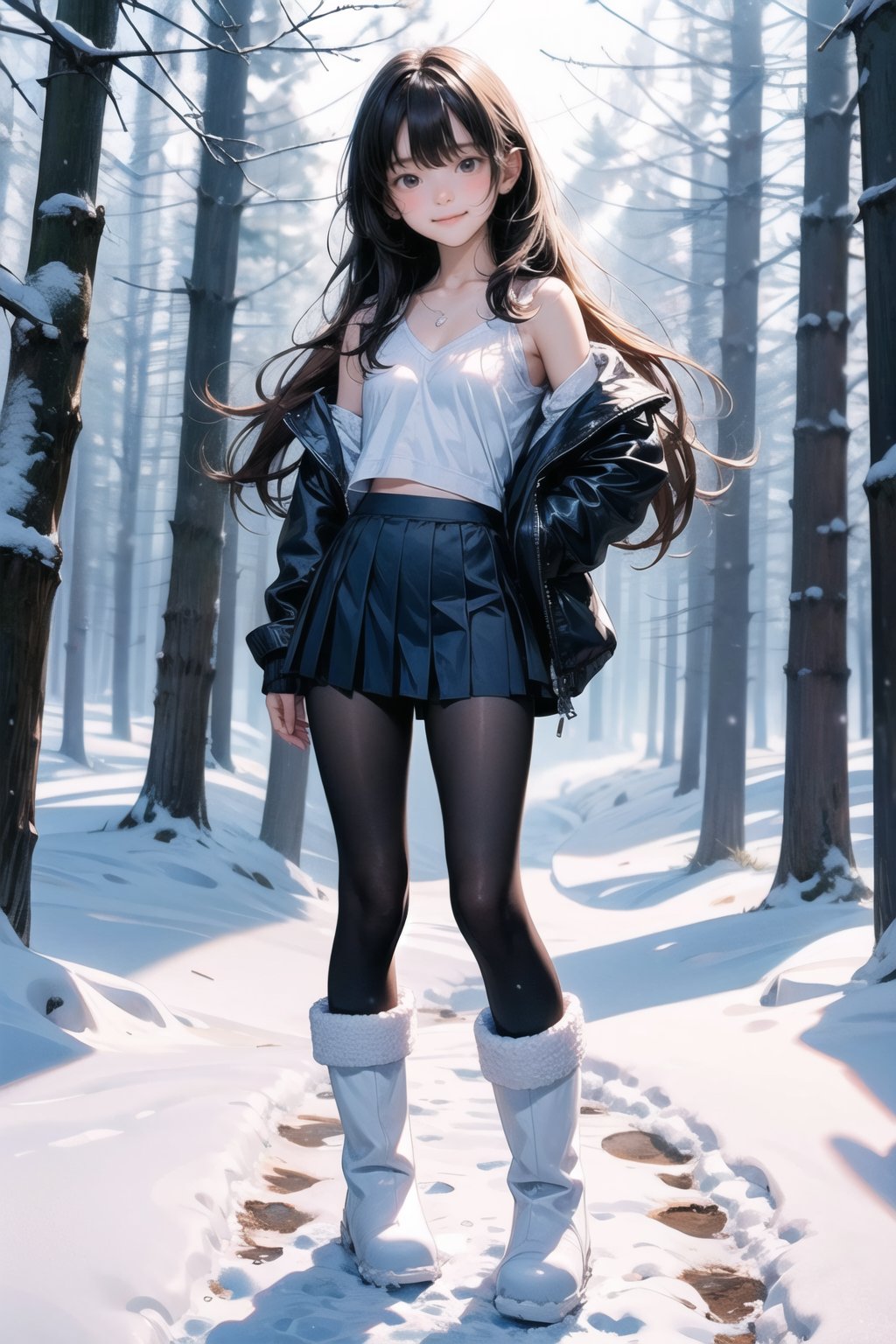 主：(foggy woods),((Full body image)),
人：1litte 1kid 7yo gril (Child:1.2),
體：(Beautiful little girly body proportions),(smaller body frame),
髮：(long hair),
服：(Student uniform), (mini pleated skirt),(black compression tights), (((snow boots))),(deep V neckline),