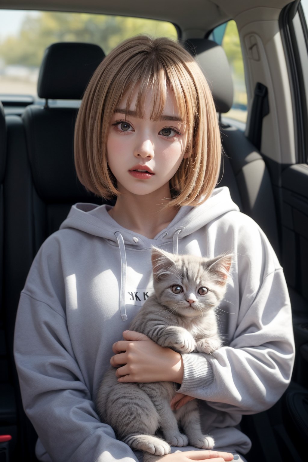 Generate hyper realistic image of a young girl with light brown hair and grey eyes. She is wearing a grey hoodie with a white letters "OK" on it. She is sitting in a car and the window is open. She is holding a white persian kitten in her arms. The kitten is looking at the camera. The background is out of focus.