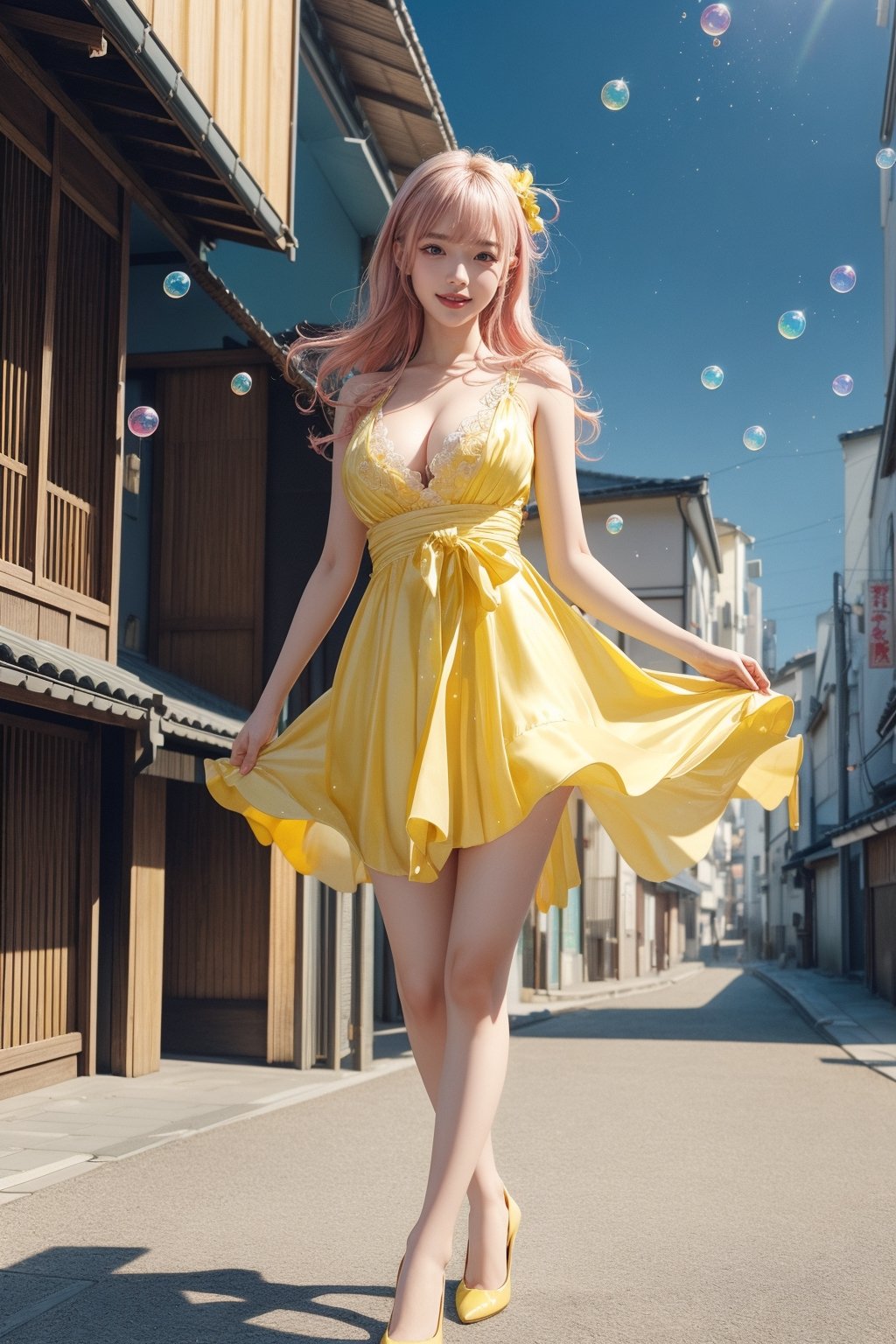 high quality, 8K Ultra HD, high detailed, masterpiece, A digital illustration of anime style, soft anime tones, Detailed illustration of many colorful soap bubbles falling from the sky on a beautiful Japan girl, pale yellow dress,(big smile:1.2),breasts,colorful colors, colorful girl, pink hair, brown eye, (yellow pumps:1.1), luminism, three dimensional effect, enhanced beauty, Albert Anker, Kyoto Animation, Greg Rutkowski, Artgerm, WLOP, Alphonse Beeple, luminism, 3d render, octane render, Isometric, by yukisakura, awesome full color,(full body:1.2),sexy pose