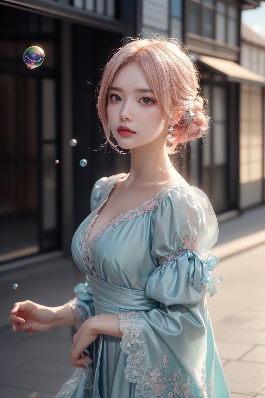 high quality, 8K Ultra HD, high detailed, masterpiece, A digital illustration of anime style, soft anime tones, Detailed illustration of many colorful soap bubbles falling from the sky on a beautiful woman, pale blue dress, colorful colors, colorful woman, pink hair, blue eye, luminism, three dimensional effect, enhanced beauty, Albert Anker, Kyoto Animation, Greg Rutkowski, Artgerm, WLOP, Alphonse Beeple, luminism, 3d render, octane render, Isometric, by yukisakura, awesome full color,full body