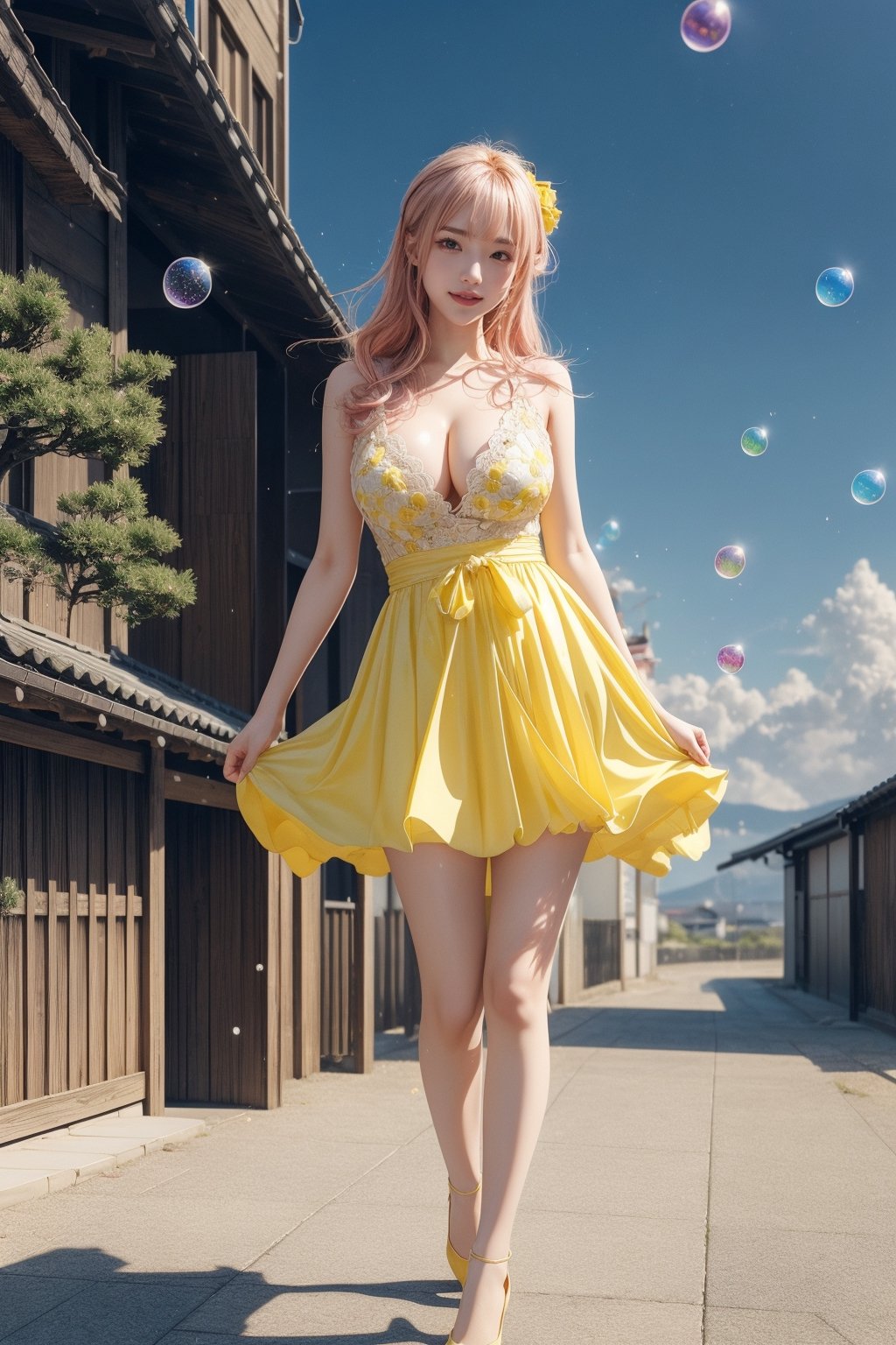 high quality, 8K Ultra HD, high detailed, masterpiece, A digital illustration of anime style, soft anime tones, Detailed illustration of many colorful soap bubbles falling from the sky on a beautiful Japan girl, pale yellow dress,(big smile:1.2),breasts,cleavage, colorful colors, colorful girl, pink hair, brown eye, (yellow pumps:1.1), luminism, three dimensional effect, enhanced beauty, Albert Anker, Kyoto Animation, Greg Rutkowski, Artgerm, WLOP, Alphonse Beeple, luminism, 3d render, octane render, Isometric, by yukisakura, awesome full color,(full body:1.2),model pose