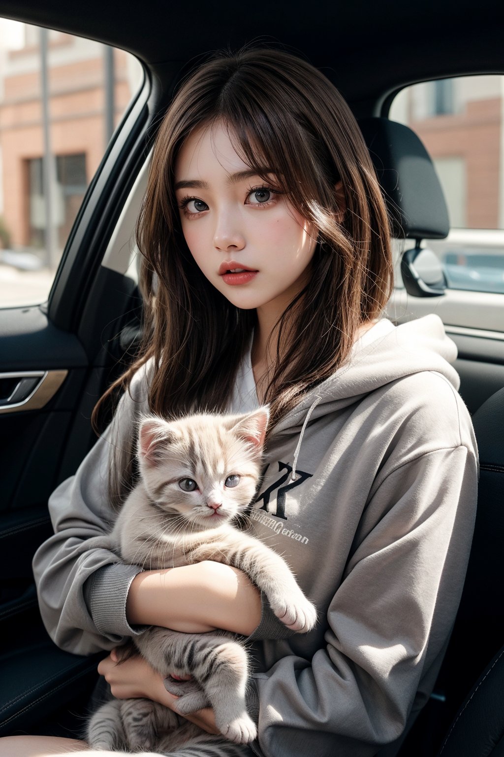 Generate hyper realistic image of a young girl with light brown hair and grey eyes. She is wearing a grey hoodie with a white letters "OK" on it. She is sitting in a car and the window is open. She is holding a white persian kitten in her arms. The kitten is looking at the camera. The background is out of focus.