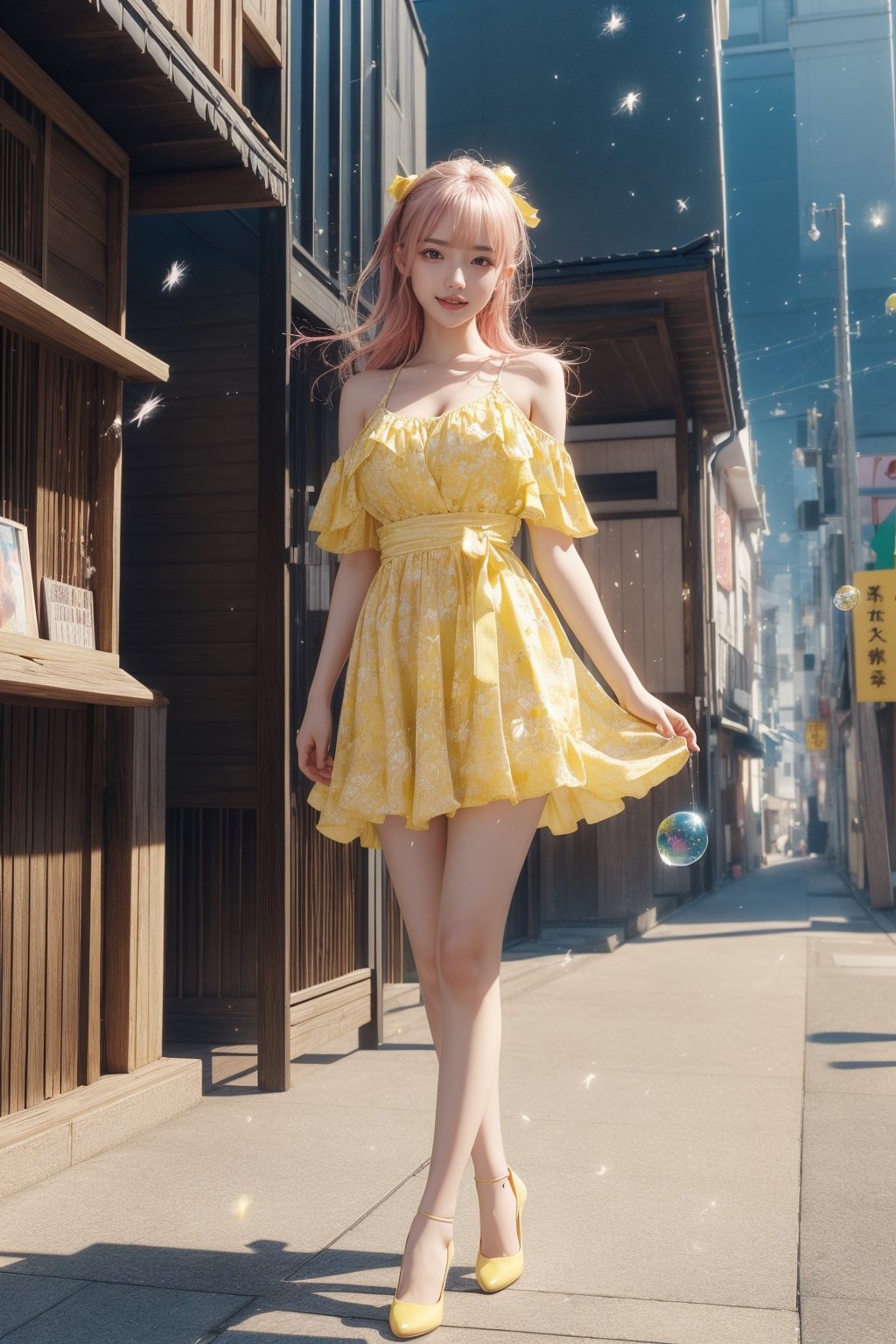 high quality, 8K Ultra HD, high detailed, masterpiece, A digital illustration of anime style, soft anime tones, Detailed illustration of many colorful soap bubbles falling from the sky on a beautiful Japan girl, pale yellow dress,(big smile:1.2),breasts,colorful colors, colorful girl, pink hair, brown eye, (yellow pumps:1.1), luminism, three dimensional effect, enhanced beauty, Albert Anker, Kyoto Animation, Greg Rutkowski, Artgerm, WLOP, Alphonse Beeple, luminism, 3d render, octane render, Isometric, by yukisakura, awesome full color,(full body:1.2),model pose