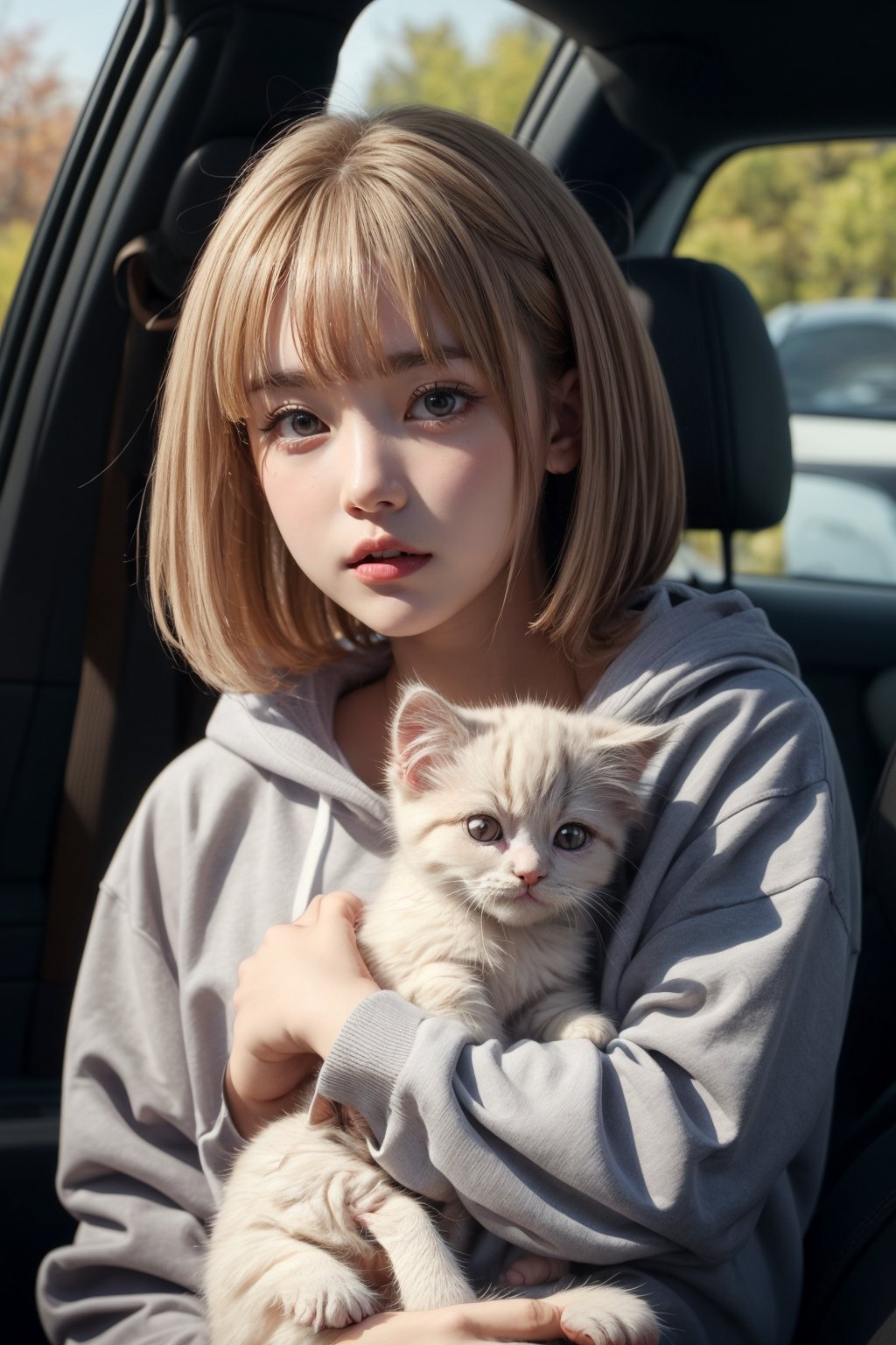 Generate hyper realistic image of a young girl with light brown hair and grey eyes. She is wearing a grey hoodie with a white letters "OK" on it. She is sitting in a car and the window is open. She is holding a white persian kitten in her arms. The kitten is looking at the camera. The background is out of focus.