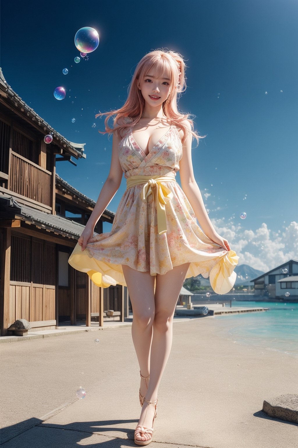 high quality, 8K Ultra HD, high detailed, masterpiece, A digital illustration of anime style, soft anime tones, Detailed illustration of many colorful soap bubbles falling from the sky on a beautiful Japan girl, pale yellow dress,(big smile:1.2),breasts,cleavage, colorful colors, colorful girl, pink hair, brown eye, luminism, three dimensional effect, enhanced beauty, Albert Anker, Kyoto Animation, Greg Rutkowski, Artgerm, WLOP, Alphonse Beeple, luminism, 3d render, octane render, Isometric, by yukisakura, awesome full color,(full body:1.2),model pose