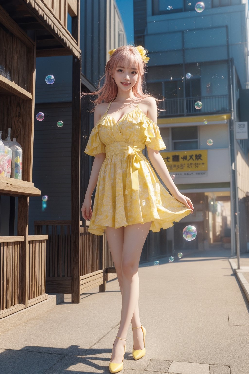 high quality, 8K Ultra HD, high detailed, masterpiece, A digital illustration of anime style, soft anime tones, Detailed illustration of many colorful soap bubbles falling from the sky on a beautiful Japan girl, pale yellow dress,(big smile:1.2),breasts,colorful colors, colorful girl, pink hair, brown eye, (yellow pumps:1.1), luminism, three dimensional effect, enhanced beauty, Albert Anker, Kyoto Animation, Greg Rutkowski, Artgerm, WLOP, Alphonse Beeple, luminism, 3d render, octane render, Isometric, by yukisakura, awesome full color,(full body:1.2),model pose