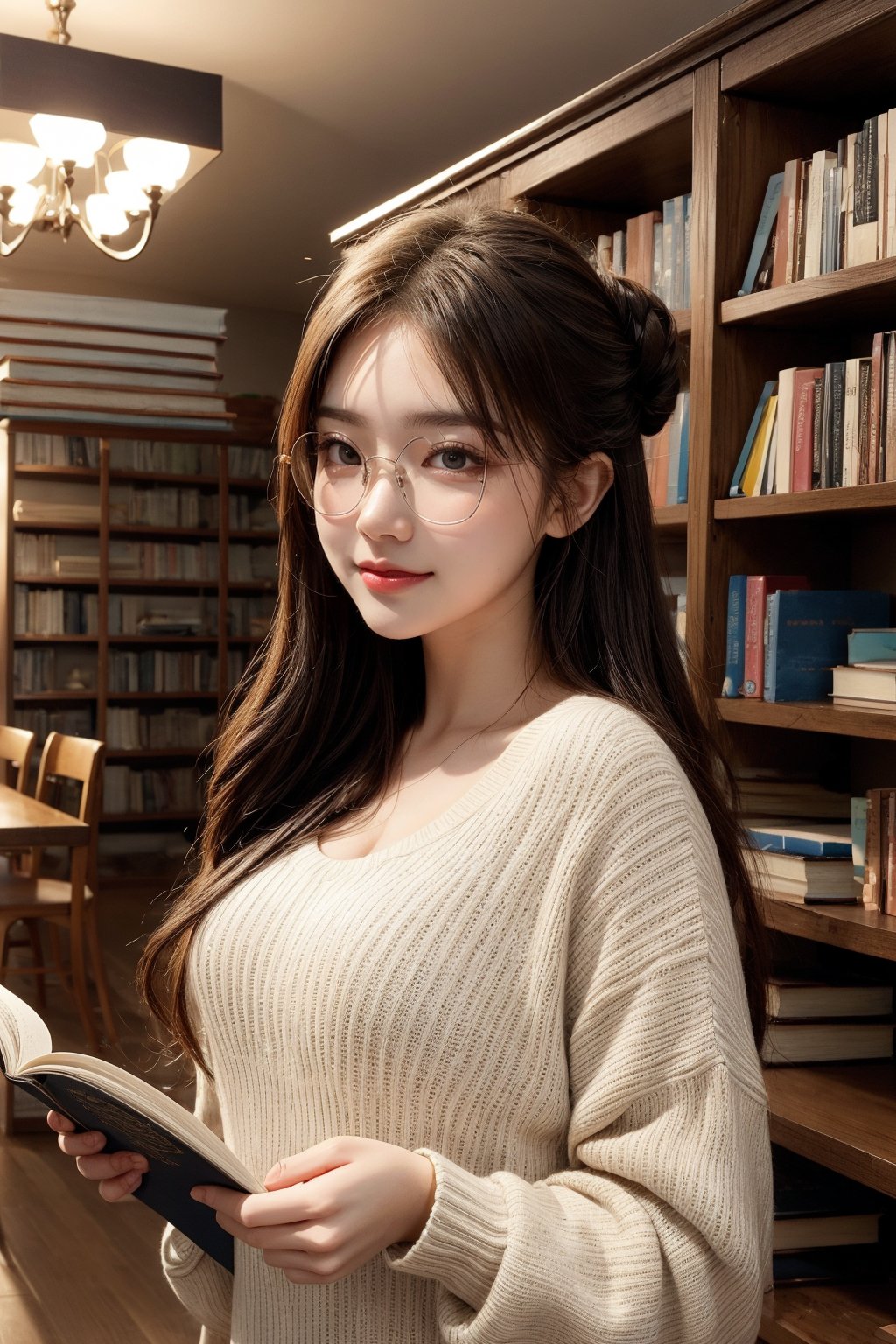 one beautiful girl,{masutepiece}, ((Best Quality)), hight resolution, {{Ultra-detailed}}, {extremely details CG}, {8k wall paper},kawaii,anime, Library Ladder, Climbing to reach a top-shelf book, Evening, Books of various sizes surrounding her, Vertical view of the tall bookshelf, Warm overhead lighting, Focus on her curiosity, Leather and paper Texture, Knowledge-seeking Mood, Wearing glasses and a sweater, Hair in a loose bun.(big sunny smile)