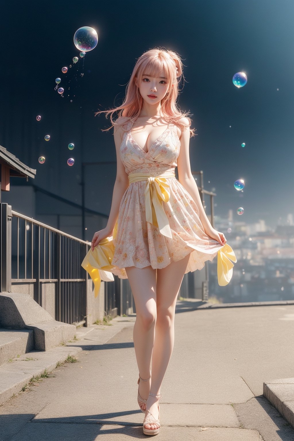 high quality, 8K Ultra HD, high detailed, masterpiece, A digital illustration of anime style, soft anime tones, Detailed illustration of many colorful soap bubbles falling from the sky on a beautiful Japan girl, pale yellow dress,big smile,breasts,cleavage, colorful colors, colorful girl, pink hair, brown eye, luminism, three dimensional effect, enhanced beauty, Albert Anker, Kyoto Animation, Greg Rutkowski, Artgerm, WLOP, Alphonse Beeple, luminism, 3d render, octane render, Isometric, by yukisakura, awesome full color,(full body:1.2),model pose