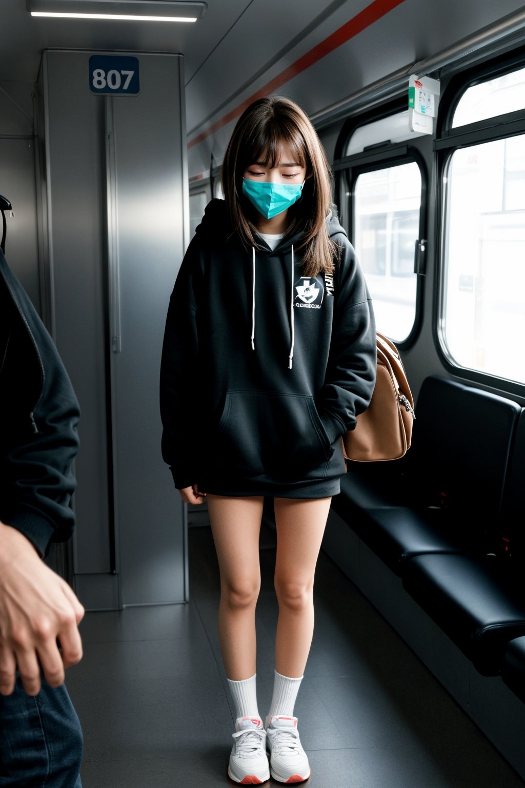 score_9, score_8_up, score_7_up, score_6_up, BREAK , source_real, raw, photo, realistic, BREAK, 1girl, long hair, bangs, brown hair, black hair, long sleeves, 1boy, holding, standing, full body, closed eyes, shoes, solo focus, hood, bag, sweater, long legs, hoodie, mask, phone, formal, cellphone, suit, ground vehicle, smartphone, holding phone, mouth mask, white hoodie, train interior, looking at phone