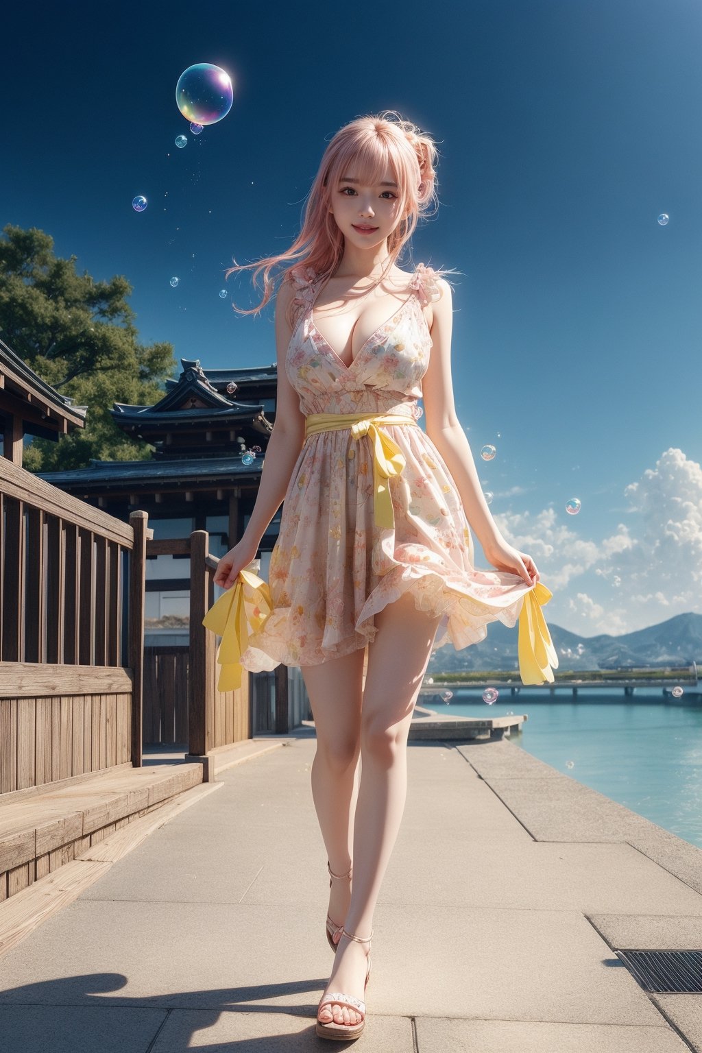 high quality, 8K Ultra HD, high detailed, masterpiece, A digital illustration of anime style, soft anime tones, Detailed illustration of many colorful soap bubbles falling from the sky on a beautiful Japan girl, pale yellow dress,big smile,breasts,cleavage, colorful colors, colorful girl, pink hair, brown eye, luminism, three dimensional effect, enhanced beauty, Albert Anker, Kyoto Animation, Greg Rutkowski, Artgerm, WLOP, Alphonse Beeple, luminism, 3d render, octane render, Isometric, by yukisakura, awesome full color,(full body:1.2)