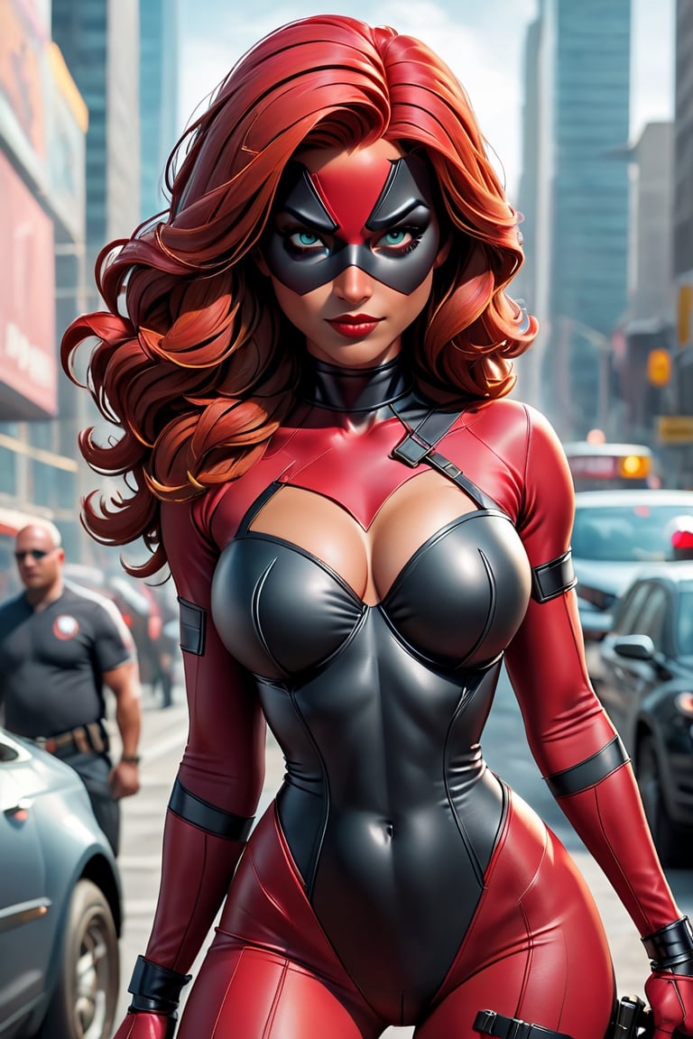 Imagine and Create: In this scene, Lady Deadpool, known for her boldness and unique style, is standing in a provocative and sensual position. Her mask, a distinctive piece of her attire, completely covers her face and head, revealing only the upper part of her body. Lady Deadpool's mask is a work of art in itself: bright red, it hugs every contour of her face with meticulous precision. From the contours of her eyes to the line of her mouth, she is adorned with a black design that highlights her gaze and accentuates her lips with a sarcastic smile.

Lady Deadpool's costume is equally striking and detailed. Fitted and tight to her figure, it highlights her feminine curves with a combination of red and black colors. Intricate details adorn every inch of fabric, from the lines that follow the shape of her body to the distinctive emblem on her chest. Every fold and every seam seems designed to highlight her attractiveness and power, with a touch of provocation that reflects her irreverent personality.

The Lady Deadpool figure is a perfect fusion of strength and sensuality. With pronounced curves and a confident stance, she exudes