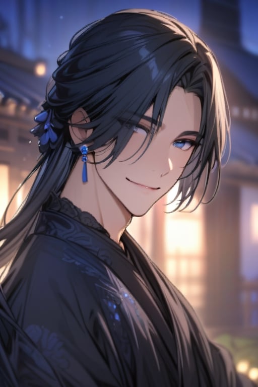 ((masterpiece, best quality)), detailed face, perfect focus, 1boy, (beautiful detailed eyes), handsome, smile, black_hair, long_hair, (blue_earring) , (moonlight), (gorgeous black hanfu), blurry background