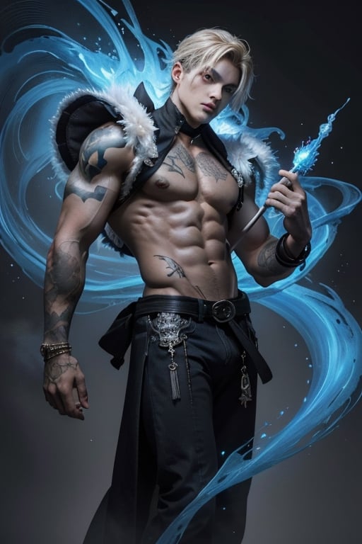 Create an enchanting  image featuring a cute and alluring  young hunk boy with lustrous black hair, captivating blue eyes, and a canvas of intricate body tattoos. Dressed in a stylish Victorian  priest vest showing his muscular biceps, he exudes a blend of modern allure and timeless elegance. The focal point of the image is the unique umbrella  with blue fire he holds, from which ethereal spirits emerge. The spirits should be diverse and whimsical, each carrying a distinct aura. Capture the magical and mysterious atmosphere surrounding this character, showcasing the synergy between his youthful charm, the body art that tells a story, and the enchanted umbrella that connects him to a realm of spirits. Pay attention to the details, infusing the scene with a sense of wonder and alluring ,1utf1,giant_this_guy,man