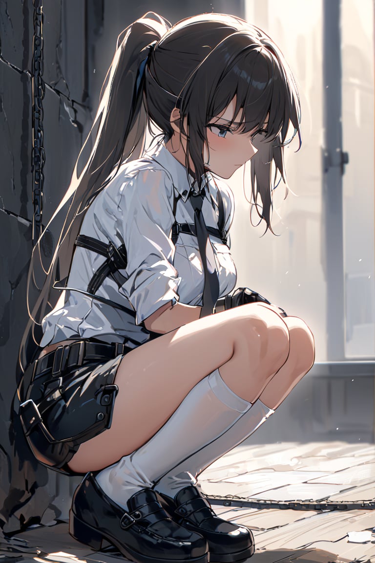 Captured female agent, messy white shirt, tie, pencil shorts, white knee-high socks, medium size, black ponytail, black flat shoes, hands cuffed in front, feet shackled together, slender legs