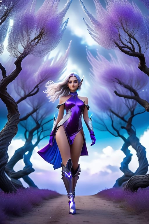 masterpiece, purple skinned female walking under the open sky, masterpiece beautiful female body, thight female body, perfect female face, ana de armas, Pointe ears, elegant dress with purple color und silver attachments, metallic boots with glowing runes, silver gloves with glowing runes, blue glowing eyes, silver hair, perfect female body, full body view, bis view , looking up,  blue glowing salix trees, magic sky barrier in the background, 